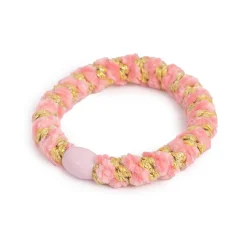 Hårstrikk korall/gull m/rosa perle